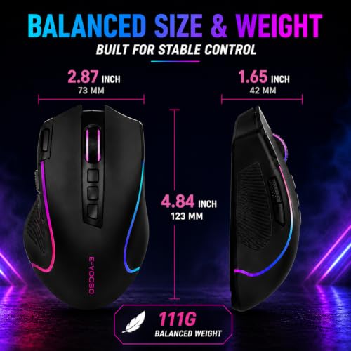 E-YOOSO Ergonomic Wireless Gaming Mouse, Tri-Mode, Rapid Fire Key, 8000 DPI | 9 programmable buttons, 6 RGB modes, 75-hour battery, contoured thumb rest, 1000Hz polling, for right-handed gaming and work