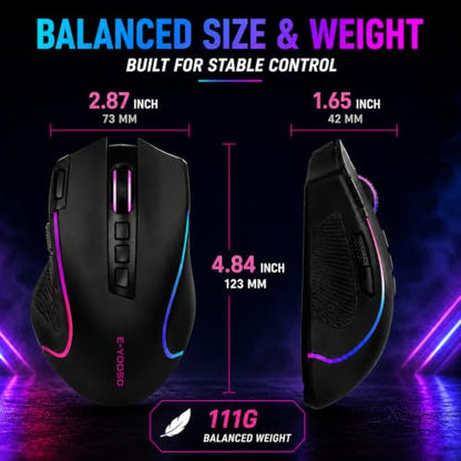 E-YOOSO Ergonomic Wireless Gaming Mouse, Tri-Mode, Rapid Fire Key, 8000 DPI | 9 programmable buttons, 6 RGB modes, 75-hour battery, contoured thumb rest, 1000Hz polling, for right-handed gaming and work