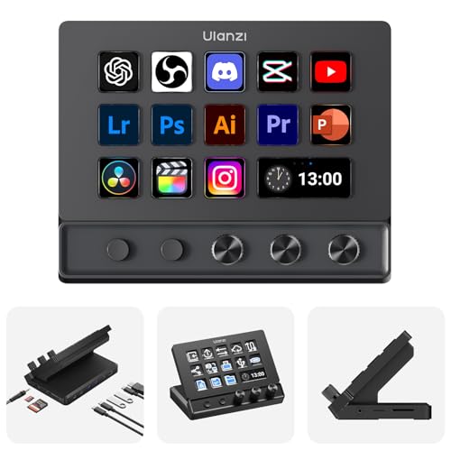 ULANZI D200X Creative Deck Macro Keyboard, 14 LCD Keys & 3 Encoder Knobs, 8-in-1 Hub w 4K HDMI, 3.5mm Audio, SD/TF Reader, USB 3.2 10Gbps, for Video Editing/Streaming/Smart Home PC, Mac