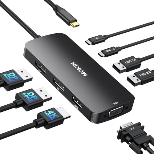 USB C Docking Station Dual DisplayPort, USB Hub with 2 DP, HDMI, VGA, USB C 2.0, A 2.0, PD Charging Port, Multi Monitor Adapter for Dell/HP Laptops, Black