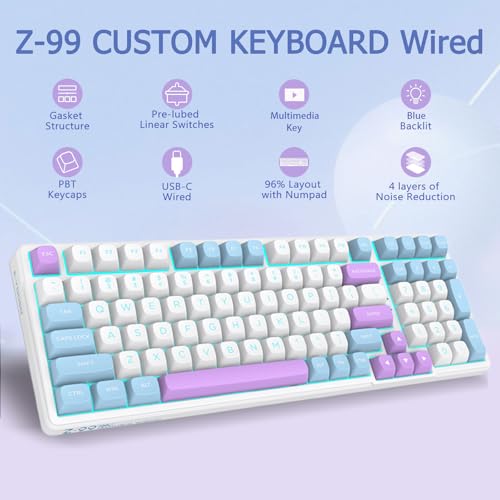 E-YOOSO Wired Creamy Mechanical Keyboard, Hot Swappable Pre-lubed Linear Switches, Gasket Structure with Sound Dampening Foam, Cyan LED Backlit, 96% Custom Gaming Keyboard for PC/MAC