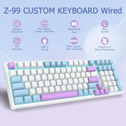 E-YOOSO Wired Creamy Mechanical Keyboard, Hot Swappable Pre-lubed Linear Switches, Gasket Structure with Sound Dampening Foam, Cyan LED Backlit, 96% Custom Gaming Keyboard for PC/MAC