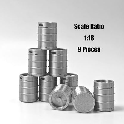 1:18 Scale Barrel Props, 9-Piece Model Scenery for Adults | 9-piece gray industrial keg set, detailed 3D print. Model scenery accessory, tabletop terrain & diorama craft for adults. - size: 1:18