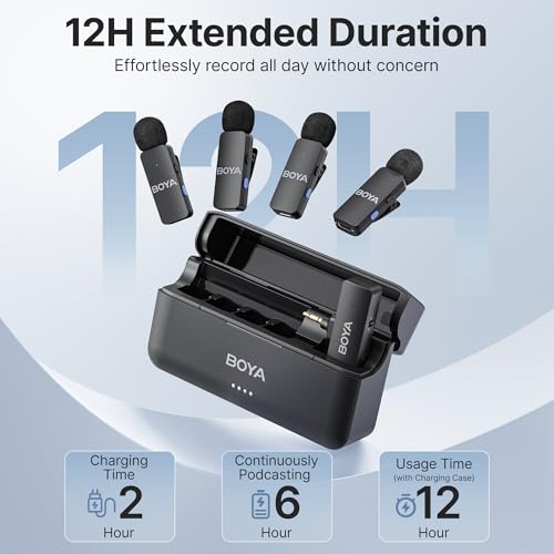 BOYA BY-V4 Wireless Microphones for Cameras DSLR Camcorder with Charging case, 12H Battery Life, 650ft Range, 4-Channel Omnidirectional Noise Canceling Lavalier Mic for Live Streaming Vlog - size: 4TX+3.5mm Jack+1CC