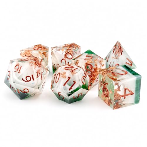 Haxtec Forest Landscape DND Dice Set Sharp Edge Resin Polyhedral Dice, Nature D&D Dice with Metal Case, Handmade Gold Flake Inside Dice Set for Dungeons and Dragons TTRPG, Green White Copper DND Gift - color: Green White