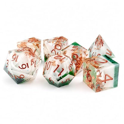 Haxtec Forest Landscape DND Dice Set Sharp Edge Resin Polyhedral Dice, Nature D&D Dice with Metal Case, Handmade Gold Flake Inside Dice Set for Dungeons and Dragons TTRPG, Green White Copper DND Gift - color: Green White