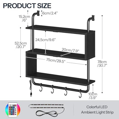 HOOBRO Floating Shelves with LED Lights, 29.5" LED Wall Mounted Gaming Shelf, 3-Tier Pipe Display Rack with Hanging Rod and 4 S-Hooks, for Storage Livingroom, Bedroom, Kitchen, Black BB21DBJ01 - color: Black