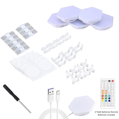 Hexagon LED Lights, 6 Pack with App and Remote Control | Frosted 3D plastic panels for gamers; ideal for gaming desks, DIY decor walls and movie rooms with music sync and app control - size: 6pack