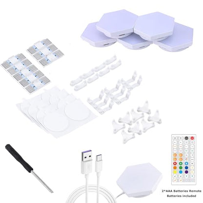 Hexagon LED Lights, 6 Pack with App and Remote Control | Frosted 3D plastic panels for gamers; ideal for gaming desks, DIY decor walls and movie rooms with music sync and app control - size: 6pack