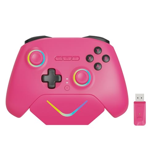 Playnex Wireless Game Controller with Charging Dock, TMR Anti-Drift Joysticks, Dual-Mode Hall Triggers, 1000Hz Polling, RGB, 2.4G/Bluetooth/USB Gamepad for PC/Nintendo Switch/Switch 2/Lite/OLED - color: Pink with Charging Dock