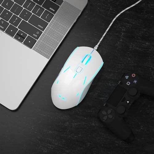 Wired Gaming Mouse, Ergonomic USB Optical Mouse with 7 Colors Breathing LED Backlit, 6 Adjustable Speed Levels from 600 to 3200 for Laptop PC - color: White