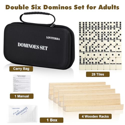 Double 6 Dominos Set for Adults, Durable 28 Tiles Dominos with 4 Wooden Racks and Carrying Case,Classic Board Games,Portable Travel Game