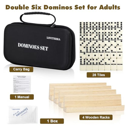 Double 6 Dominos Set for Adults, Durable 28 Tiles Dominos with 4 Wooden Racks and Carrying Case,Classic Board Games,Portable Travel Game