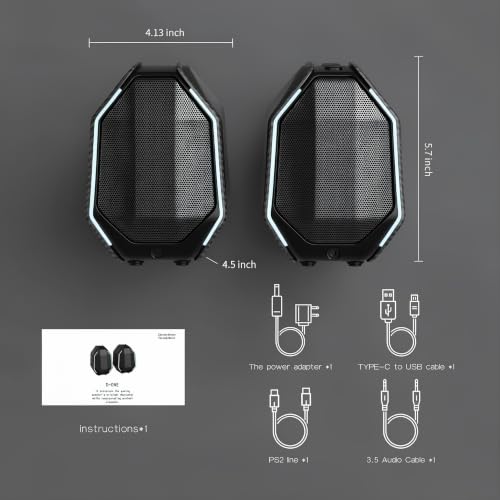 Computer Speakers for Desktop PC, Gaming PC Speakers for Desktop – USB-C, Bluetooth 5.3, 3.5mm AUX, AC Powered External Audio with Rich Stereo bass, Laptop/Mac, RGB Lights, Black, 30W - color: Black