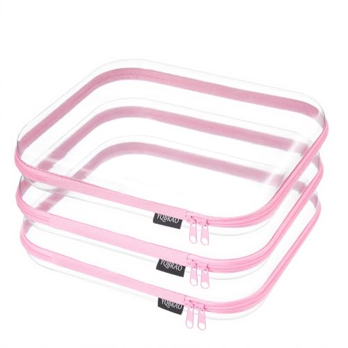 YQBRAO Clear Hard Shell Zipper Cases, 3 Large Travel Organizers, Pink | Rigid 1.2 mm PET and YKK dual zippers for full-size toiletries, makeup palettes, electronics and craft supplies - color: Pink, size: 3 Pack(L)