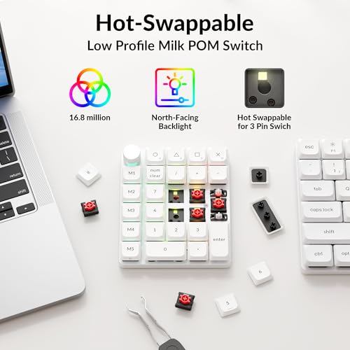 Keychron K0 Max QMK Wireless Custom Number Low-Profile RGB Backlit (Hot-Swappable) Red Switch Keypad, 2.4 GHz & Bluetooth 5.3 Connection, 1000Hz Polling Rate - White - color: Red Switch, size: White