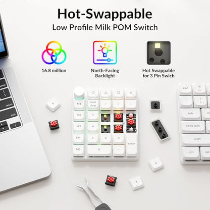 Keychron K0 Max QMK Wireless Custom Number Low-Profile RGB Backlit (Hot-Swappable) Red Switch Keypad, 2.4 GHz & Bluetooth 5.3 Connection, 1000Hz Polling Rate - White - color: Red Switch, size: White