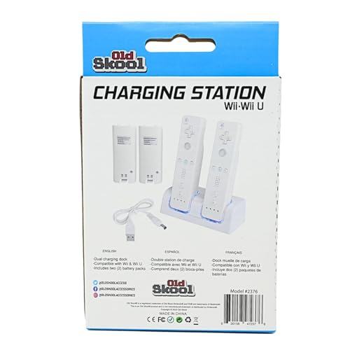 Old Skool Wii Dual Charging Station w/ 2 Rechargeable Batteries & LED Lights for Wii Remote Control