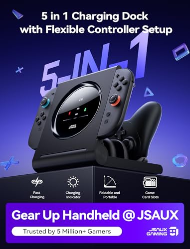 JSAUX 5-in-1 Charging Dock for Switch 2 Pro Controller & Switch 1/2 JoyPads | 5 Charging Ports, 2.5H Fast Charge, 3-Color LED Status, 8 Game Card Slots, PC+ABS, Foldable