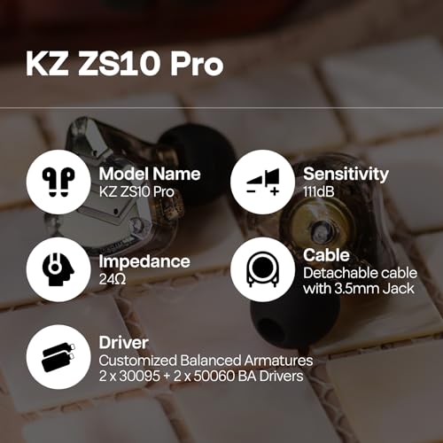 Linsoul KZ ZS10 Pro, 4BA+1DD 5 Driver in Ear Monitor, HiFi Wired Earbuds, Gaming Earbuds, Hybrid IEM Earphones with Stainless Steel Faceplate, Detachable Cable for Musician(Without Mic, Black) - color: Black, style: Without Mic