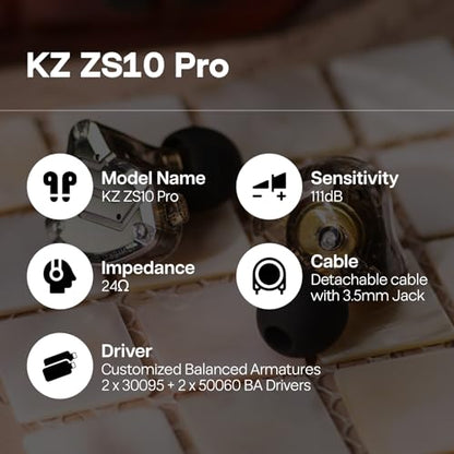 Linsoul KZ ZS10 Pro, 4BA+1DD 5 Driver in Ear Monitor, HiFi Wired Earbuds, Gaming Earbuds, Hybrid IEM Earphones with Stainless Steel Faceplate, Detachable Cable for Musician(with Mic, Black) - color: Black, style: With Mic