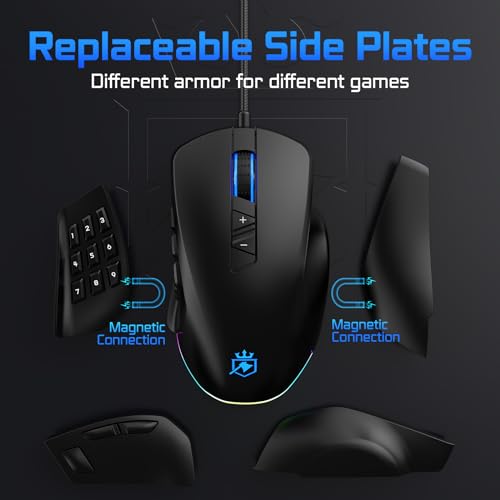 Wired Gaming Mouse with Side Plates, MMO Mouse with 14 Programmable Buttons, Ergonomic Gaming Mouse with 2 Grip Plates, Computer Mouse with Max 12,400 DPI, RGB Lighting, Grip Tape Included