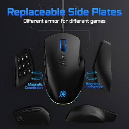 Wired Gaming Mouse with Side Plates, MMO Mouse with 14 Programmable Buttons, Ergonomic Gaming Mouse with 2 Grip Plates, Computer Mouse with Max 12,400 DPI, RGB Lighting, Grip Tape Included