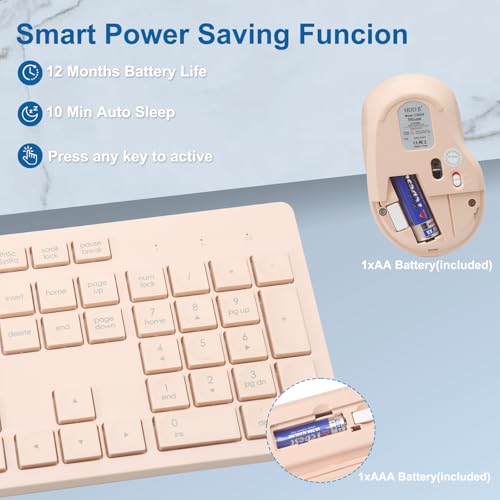 Wireless Keyboard and Mouse Combo, Quiet and Soft 2.4G Full-Size Computer Keyboard and Ergonomic Wireless Mouse for Windows, Mac Desktop/Laptop/PC/PS, Peach