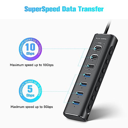 Powered USB Hub, Rosonway 7-Port USB 3.2/USB C Hub with 10Gbps USB-A 3.2, 2 USB-C 3.2, 4 USB 3.0 Ports, Individual Switches and 12V Power Adapter, Aluminum USB Port Expander for Laptop/PC, RSH-A107C - size: 7-Port Powered USB Hub