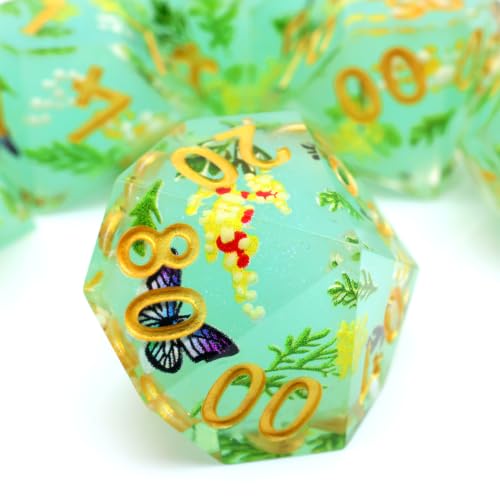 XENOLUX Polyhedral Resin DND Dice Set for RPG and Board Games, Clear with Internal Butterfly and Yellow Flowers, 7 Pieces in Tin Box (L17) - color: L17
