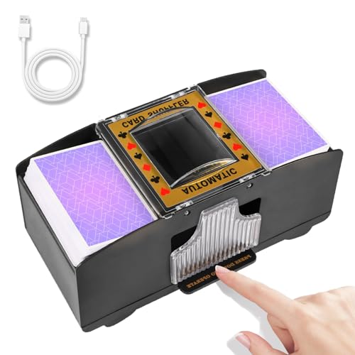 FEIERYA Automatic Card Shuffler 2/1/4/6 Deck | Battery-Operated Electric Playing Card Shuffler,Compatible with UNO,Poker for Home Card Game,Travel - size: 2 Decks USB
