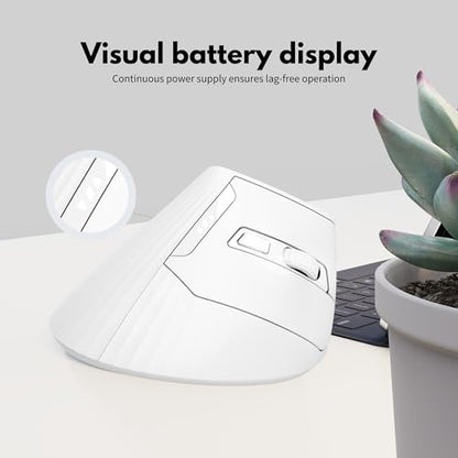 Uineer Ergonomic Vertical Mouse, 2.4G Wireless Mouse, Rechargeable, 4-DPI | Right-handed vertical design with 2.4G USB-A connection, rechargeable battery and visible battery level. - color: White