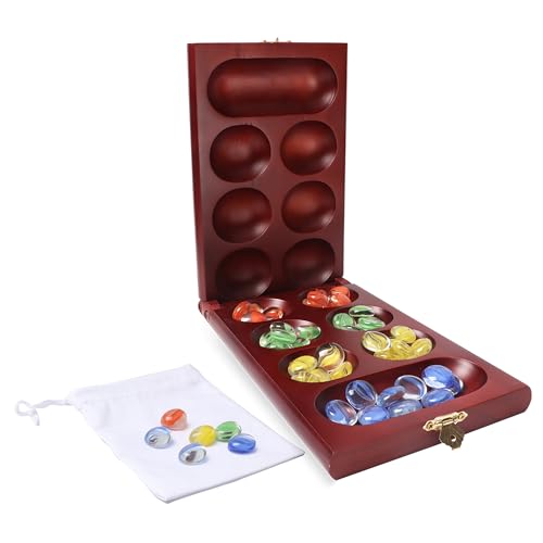 GSE 2-Player Folding Wooden Mancala Board Game, Mahogany | 48 Multi-Color Glass Stones, Storage Bag, Portable Family Travel Strategy Game, For Kids & Adults, Family Game Night - color: 2-player Mahogany