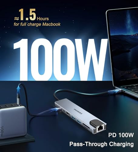 USB C Hub Ethernet HDMI Adapter, 8 in 1 Laptop Docking Station with 4K HDMI, RJ45 Ethernet 100Mbps, SD/TF Card Reader, USB 3.0/2.0, PD 100W, LAN USB C Dongle for MacBook Pro/Air, iPad Pro, XPS, etc