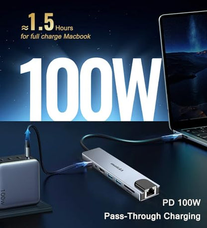 USB C Hub Ethernet HDMI Adapter, 8 in 1 Laptop Docking Station with 4K HDMI, RJ45 Ethernet 100Mbps, SD/TF Card Reader, USB 3.0/2.0, PD 100W, LAN USB C Dongle for MacBook Pro/Air, iPad Pro, XPS, etc