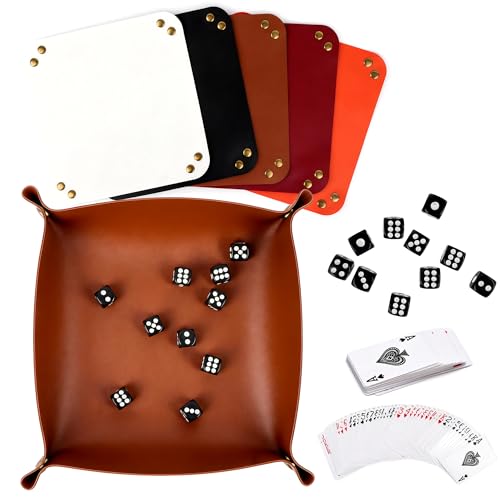 5 Pack Tray Catchall Dishes Mat Bundle with Rolling Cubes Dice & Card Game | Smooth PU Leather, Four-Corner Snap Assembly, Spill Resistant Surface, Compact Foldaway Storage, Lightweight, Damp Cloth Wipe