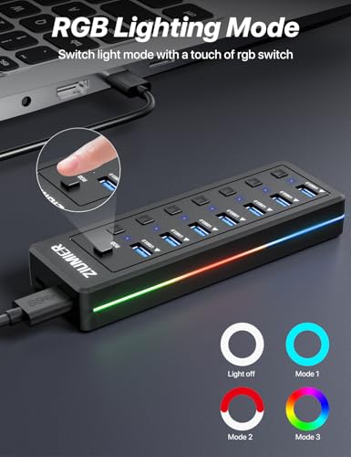 USB Hub with RGB LED Strip,7 Port USB Splitter for PC,Gaming | USB 3.0 Hub Data Transfer - Individual LED On/Off Switches for Laptop, PC, Mouse, Keyboard, Hard Drive - style: 7 PORT