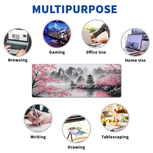Retro Cherry Blossom Mouse Pad Abstract Big Mouse Pad 31.5x11.8 Inch Retro Texture Non-Slip Rubber Base Large Mousepad Stitched Edges Keyboard Mouse Mat Desk Pad for Office and Home - color: Retro Cherry Blossom