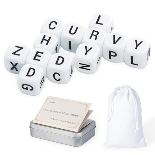 12 PCS Crossword Solitaire Spelling Letter Dice Game in White for Adults | For Reducing Adult Screen Time. Includes a Multi-Game Instruction, Tin Box & Velvet Bag