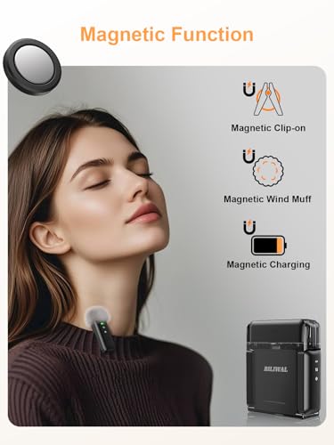 BILIWAL Wireless Lavalier Microphone for iPhone/Android/Laptop with Magnetic Wind Muff/Patch/Clip, Mini Mic with Noise Reduction, 35 H Battery Life via Charging Case, Lightning/USB-C/USB A Plug&Play