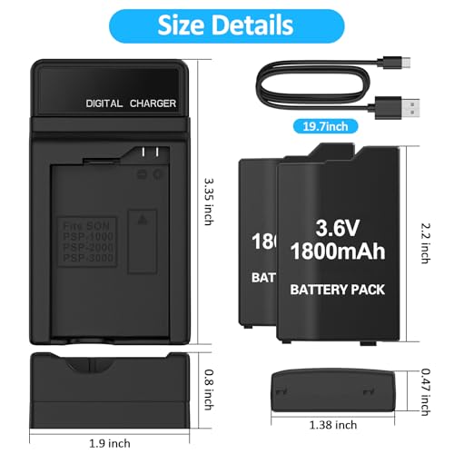 PSP Battery and Charger, 2Pcs 1800mAh 3.6v Lithium Polymer Replacement Rechargeable Batteries with LED Charging Station for PSP 1000 1001, PSP-110, PSP Fat Console - size: for PSP1000