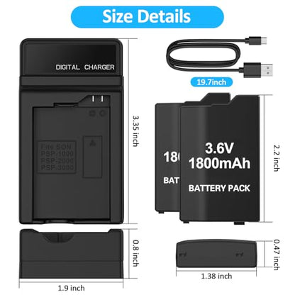 PSP Battery and Charger, 2Pcs 1800mAh 3.6v Lithium Polymer Replacement Rechargeable Batteries with LED Charging Station for PSP 1000 1001, PSP-110, PSP Fat Console - size: for PSP1000