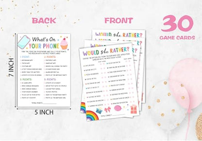 Birthday Party Card Games, Colorful Rainbow Ice Cream Pink Bow Themed Would She Rather Game Cards, What’s on Your Phone Games, Fun Sleepover Party Game For Kids Adults, 03 - color: Colorful Who Knows The Birthday Girl Best