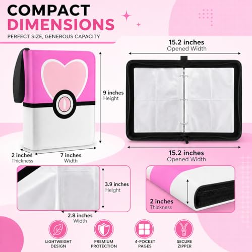 Card Binder 4 Pocket, Trading Card Holder Album Book, 50 Removable Sleeves Hold 400 Cards, PU Leather Zipper Portable Game Collection Card Case Ideal Gift (Pink) - color: Pink, size: Medium