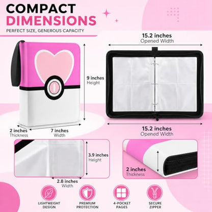Card Binder 4 Pocket, Trading Card Holder Album Book, 50 Removable Sleeves Hold 400 Cards, PU Leather Zipper Portable Game Collection Card Case Ideal Gift (Pink) - color: Pink, size: Medium