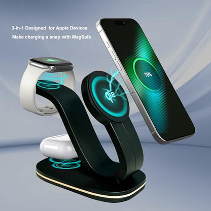 Wireless Charging Station, 2026 Upgraded Fast 15W 3-in-1 Charger Station for iPhone 17/16/15/14/13/12 Series, Watch Airpods 1-8/Ultra, iPad, AirPods