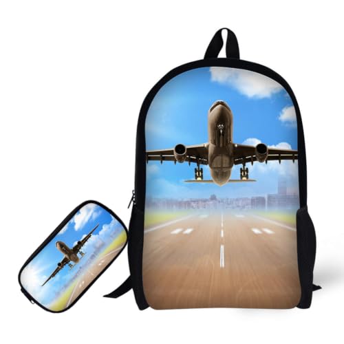Backpack with Pencil Pouch for 6+ Years Old Kids Boys Girls 17 Inch Bookbag - color: Plane Backpack 5- Bookbag + Pencil Bag