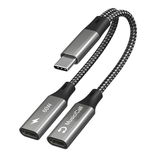 Dual USB-C Headphone and Charger Adapter - 1 in 2 out USB C Splitter with 60W Fast Charging and Audio Adapter for iPhone 16 15 iPad Huawei Galaxy PC, Type-C to Headphone Splitter for Call & Music