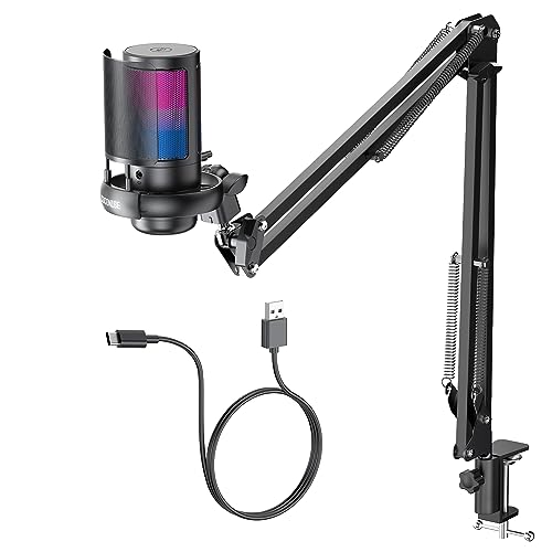 COCONISE Gaming Microphone, USB PC Mic for Podcasts Videos, Streaming, Condenser Mic with Quick Mute, Tripod Stand, Pop Filter, RGB Indicator, Shock Mount, Rotate gain button, Compatible with PS4/5/PC - size: With Boom Arm