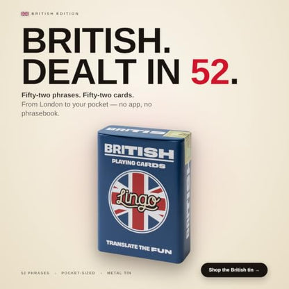 Lingo British Slang Playing Cards in Premium Travel Tin | Learn Funny British English Expressions | Luxury Gift Box for Anglophiles & London Travelers | Hilarious Card Game for Adults